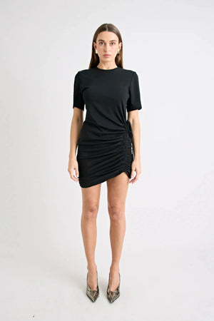 Solene Mini Dress Black by Pfeiffer, jersey mini with side ruching and adjustable ties, a trendy piece perfect for daytime styling or chic nights out.