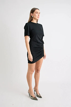 Solene Mini Dress Black by Pfeiffer, jersey mini with side ruching and adjustable ties, a trendy piece perfect for daytime styling or chic nights out.