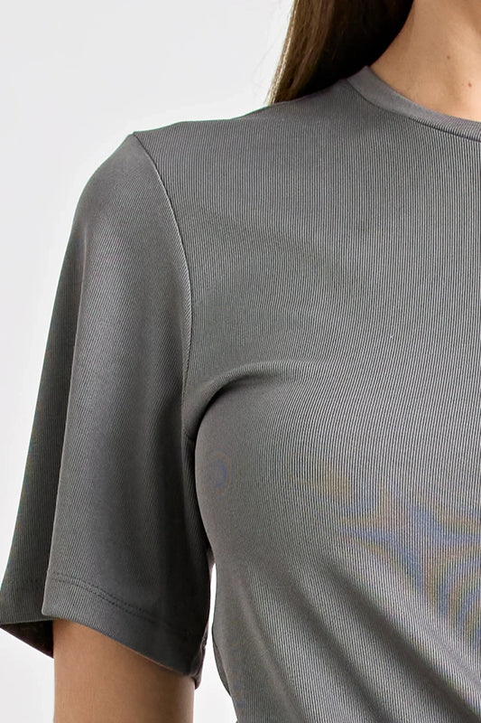 Solene Mini Dress Charcoal by Pfeiffer, jersey mini with ruching and adjustable ties, a trendy piece perfect for versatile day to night styling.