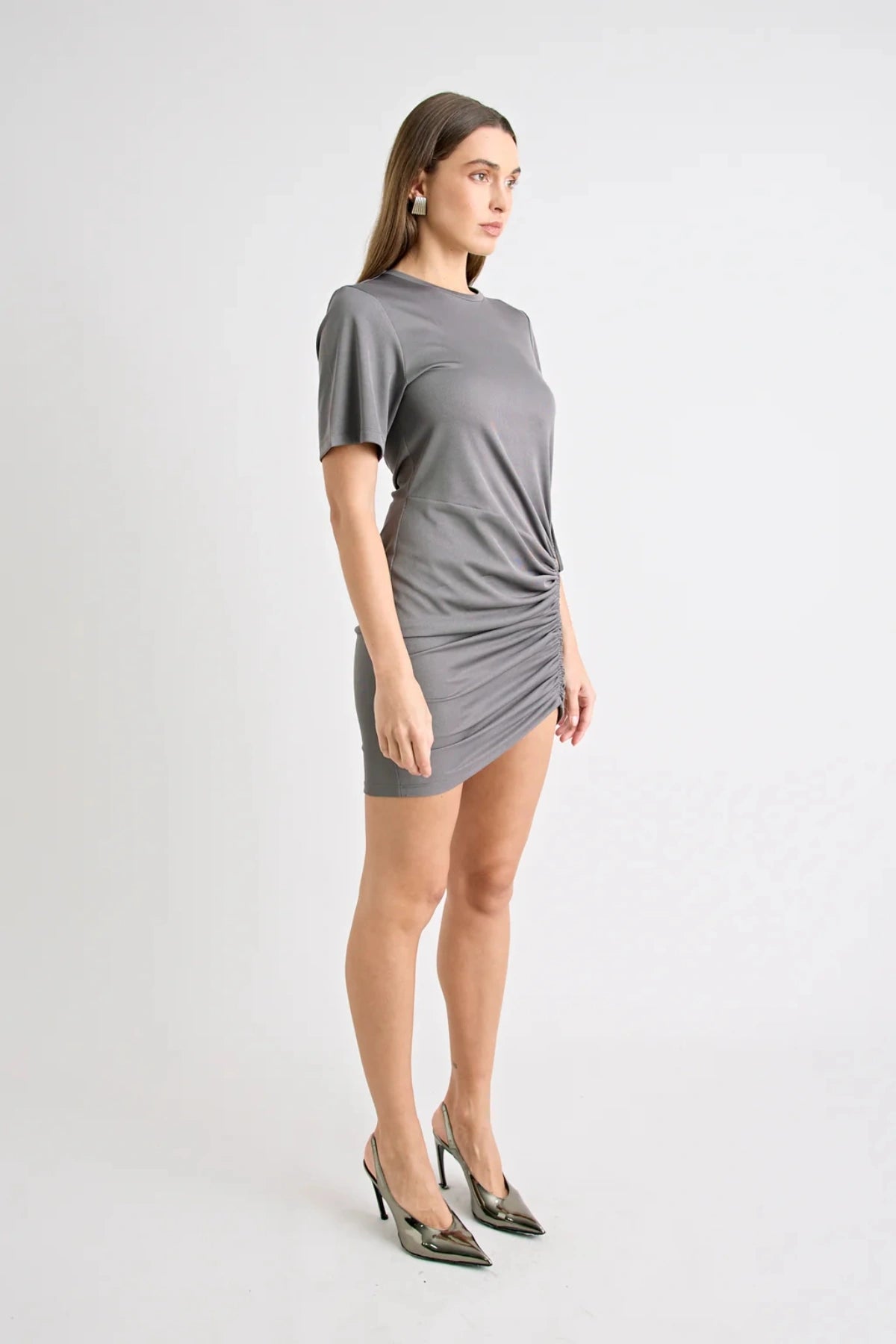 Solene Mini Dress Charcoal by Pfeiffer, jersey mini with ruching and adjustable ties, a trendy piece perfect for versatile day to night styling.