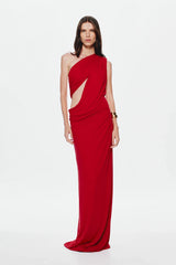Solstice Cupro Dress by MISHA – an asymmetric maxi with cutout and draped detail. Perfect for modern evening styling.