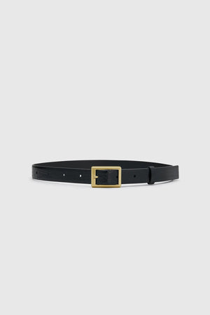 Sonny Croc Belt by Camilla and Marc, a black leather belt with croc embossing and square gold buckle for polished styling.