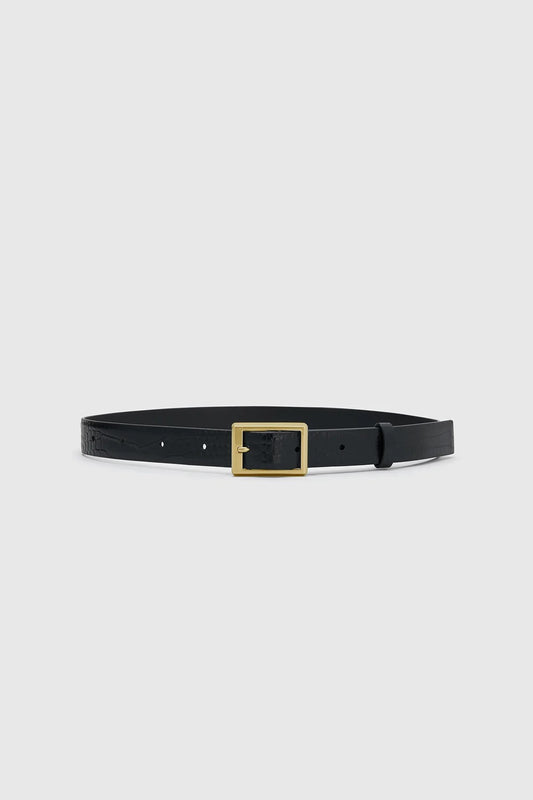 Sonny Croc Belt by Camilla and Marc, a black leather belt with croc embossing and square gold buckle for polished styling.