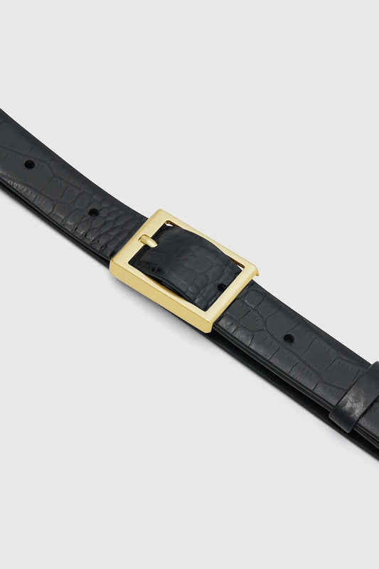 Sonny Croc Belt by Camilla and Marc, a black leather belt with croc embossing and square gold buckle for polished styling.