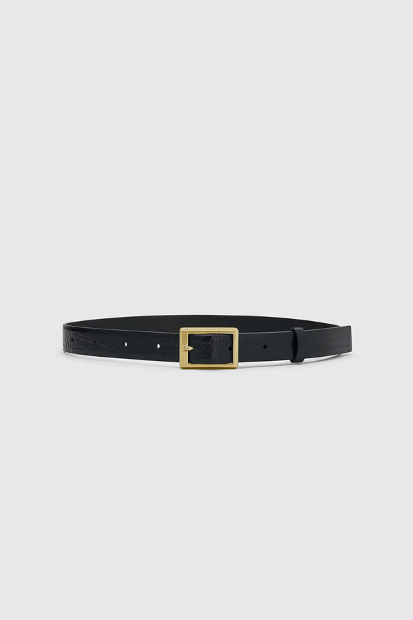 Sonny Croc Belt by Camilla and Marc, a black leather belt with croc embossing and square gold buckle for polished styling.