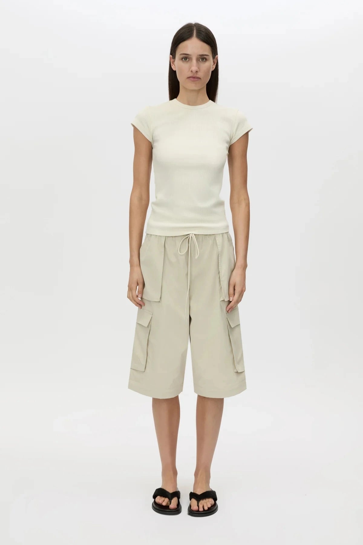 Soraya Cargo Pant Stone by Camilla and Marc, wide-leg recycled polyester cargo with 3D pockets and detachable detail, a trendy modern piece perfect for streetwear styling.
