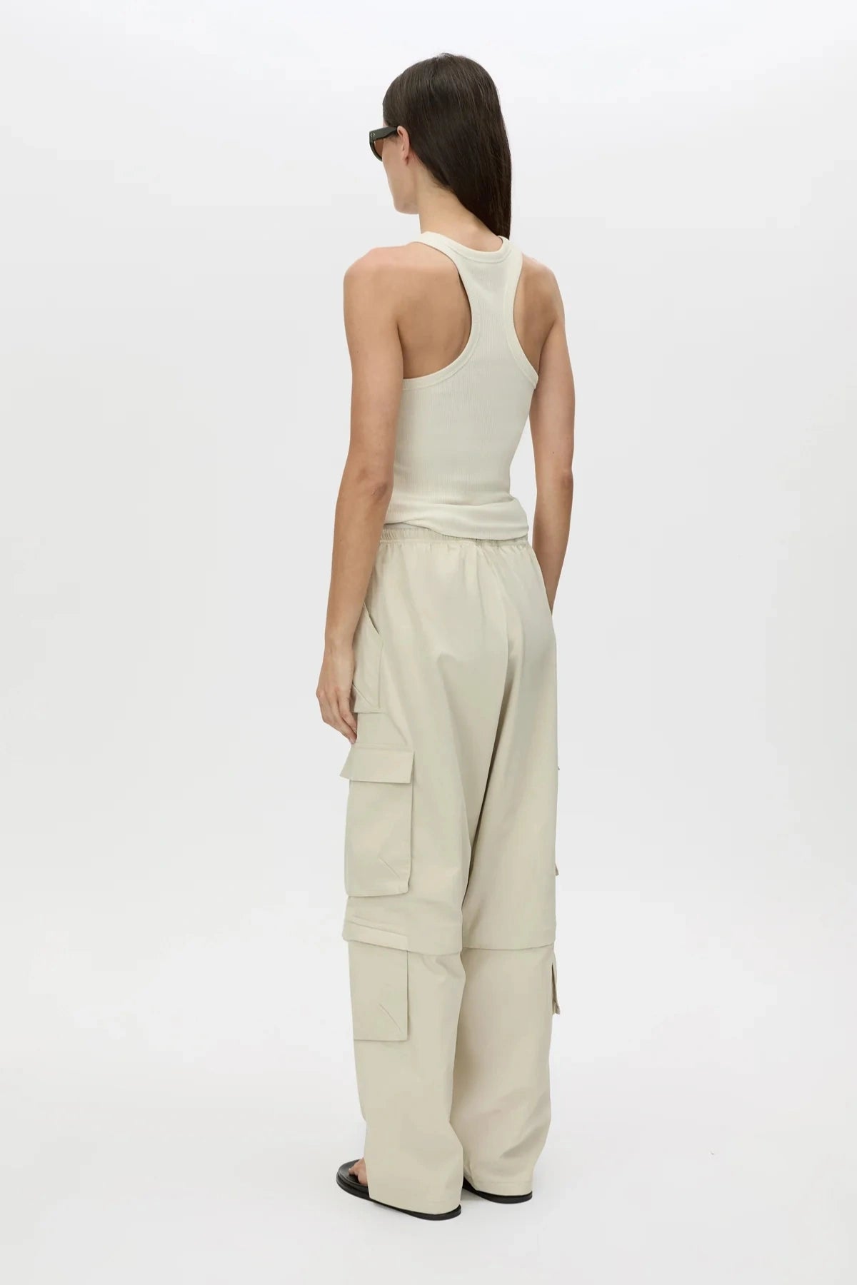 Soraya Cargo Pant Stone by Camilla and Marc, wide-leg recycled polyester cargo with 3D pockets and detachable detail, a trendy modern piece perfect for streetwear styling.