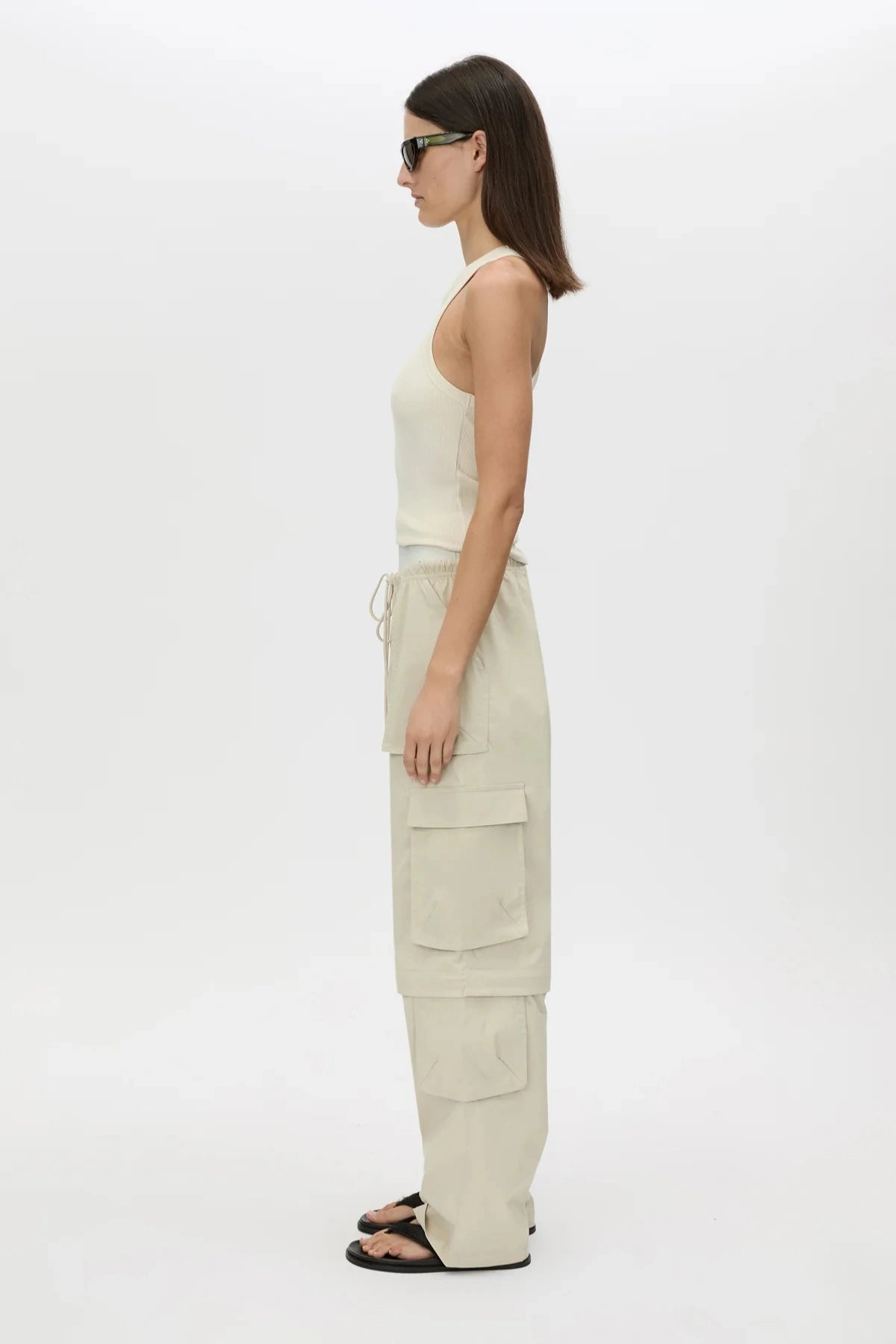 Soraya Cargo Pant Stone by Camilla and Marc, wide-leg recycled polyester cargo with 3D pockets and detachable detail, a trendy modern piece perfect for streetwear styling.