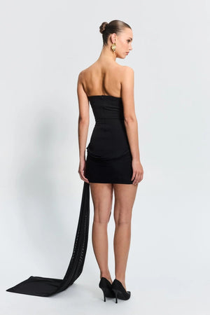 Soraya Mini Black by Effie Kats, a sculptural corset mini with mesh hips and boning detail. Perfect for art events or late summer nights.