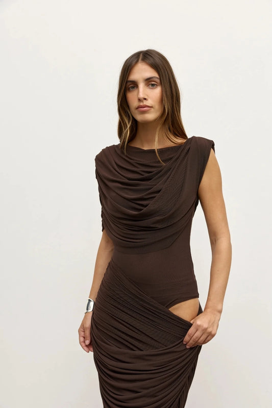Sorella Bodysuit Ash by Bayse – mesh bodysuit with draped cowl neckline and asymmetric ruched waist.