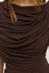 Sorella Bodysuit Ash by Bayse – mesh bodysuit with draped cowl neckline and asymmetric ruched waist.