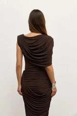 Sorella Bodysuit Ash by Bayse – mesh bodysuit with draped cowl neckline and asymmetric ruched waist.