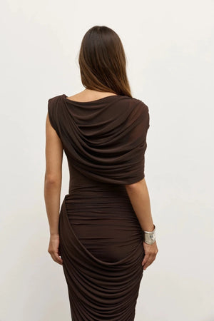 Sorella Bodysuit Ash by Bayse – mesh bodysuit with draped cowl neckline and asymmetric ruched waist.