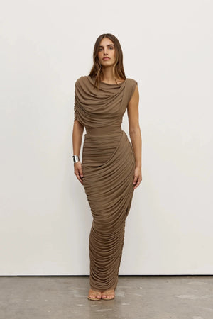 Sorella Bodysuit Mink by Bayse – mesh bodysuit with draped cowl neckline and asymmetric ruched waist.