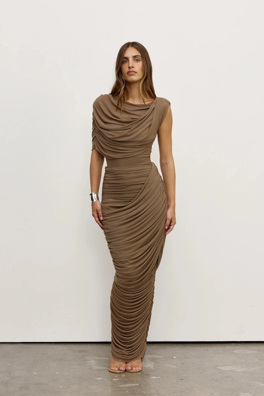 Sorella Bodysuit Mink by Bayse – mesh bodysuit with draped cowl neckline and asymmetric ruched waist.