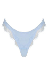 Kat the Label Sorrento Thong in Ice, soft satin with delicate eyelash lace, high-cut fit with sheer mesh back, elegant and comfortable for everyday wear.