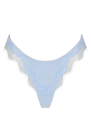 Kat the Label Sorrento Thong in Ice, soft satin with delicate eyelash lace, high-cut fit with sheer mesh back, elegant and comfortable for everyday wear.