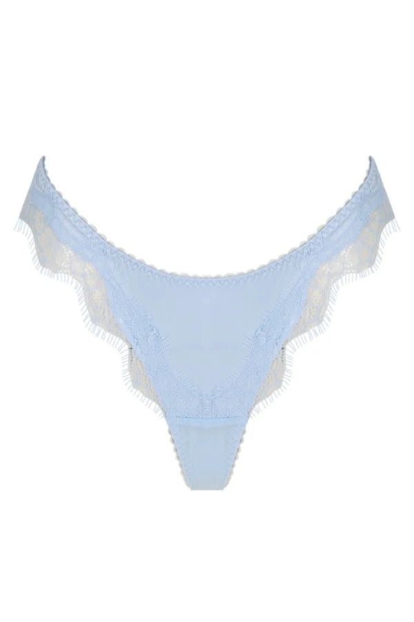 Kat the Label Sorrento Thong in Ice, soft satin with delicate eyelash lace, high-cut fit with sheer mesh back, elegant and comfortable for everyday wear.