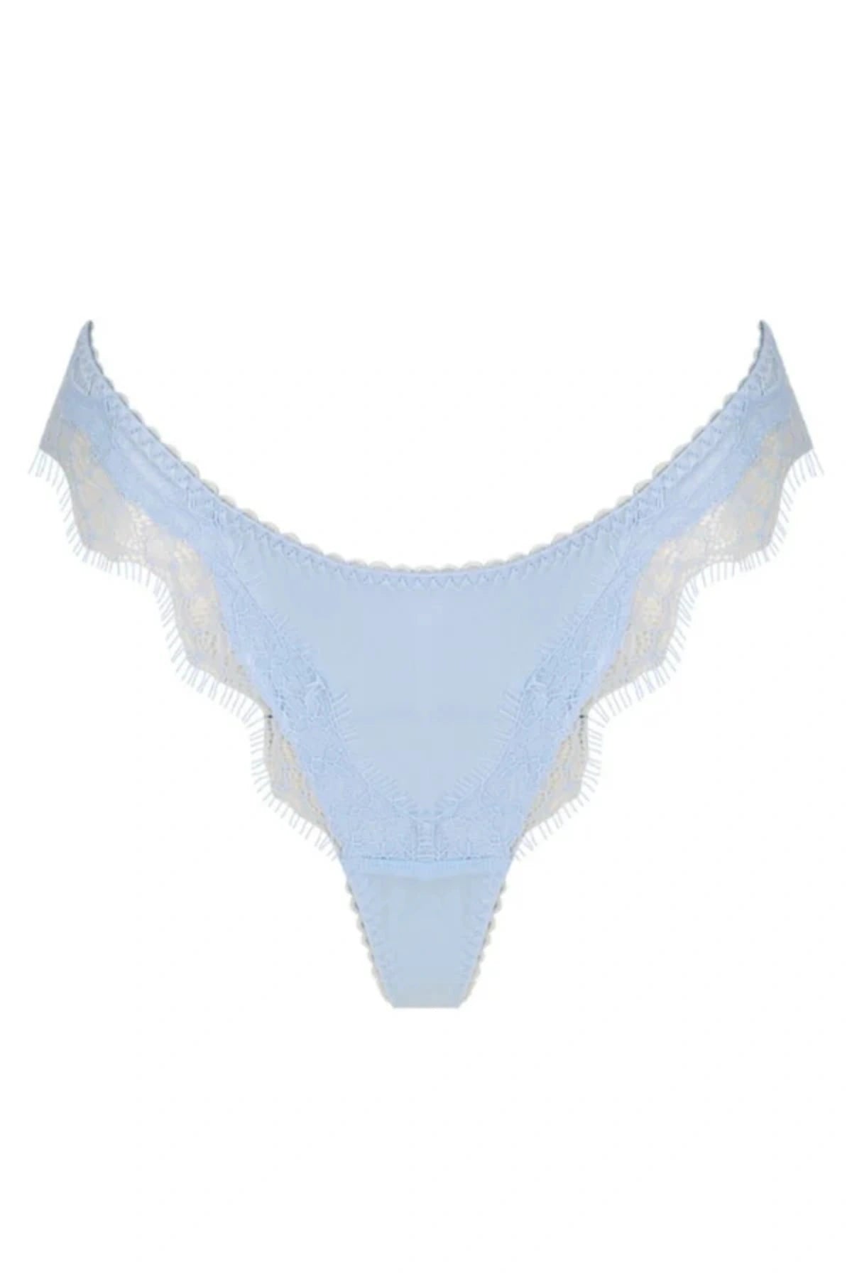 Kat the Label Sorrento Thong in Ice, soft satin with delicate eyelash lace, high-cut fit with sheer mesh back, elegant and comfortable for everyday wear.