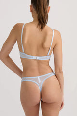 Kat the Label Sorrento Thong in Ice, soft satin with delicate eyelash lace, high-cut fit with sheer mesh back, elegant and comfortable for everyday wear.