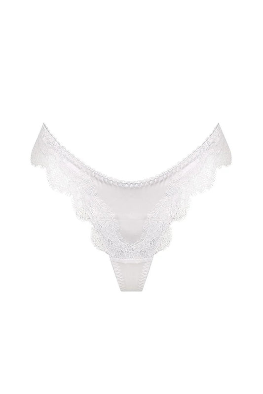 Sorrento Thong Ivory by Kat The Label - satin thong with mesh back and eyelash lace trim, perfect for delicate everyday lingerie styling.