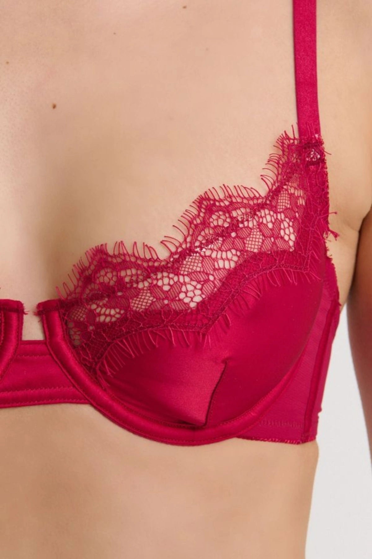 Sorrento Underwire in Red by Kat the Label, supportive satin underwire bra with eyelash lace detailing, perfect for offering comfort and timeless elegance.