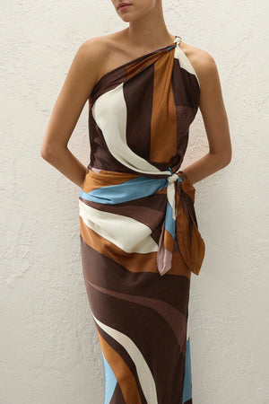 Sotto Maxi Dress in Notte by Faithfull the Brand, one-shoulder viscose satin maxi with geometric print and draped silhouette.
