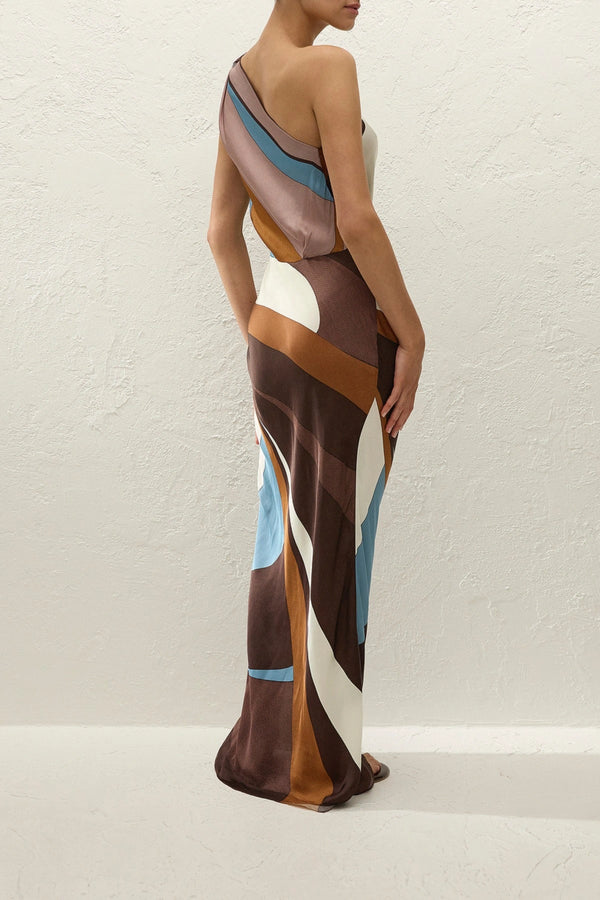 Sotto Maxi Dress in Notte by Faithfull the Brand, one-shoulder viscose satin maxi with geometric print and draped silhouette.