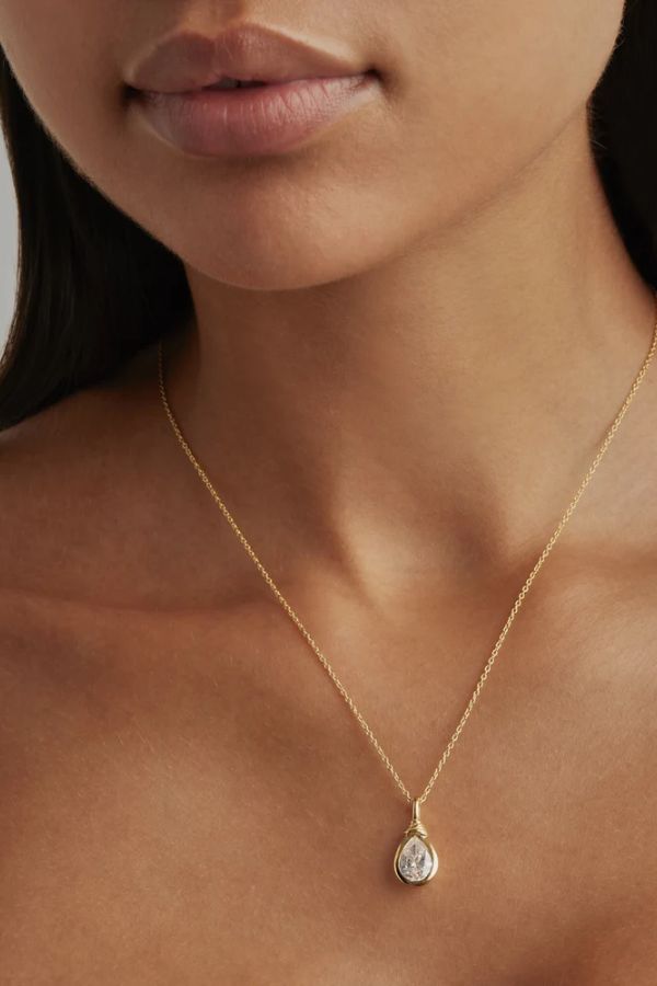 18k Gold Vermeil Soul Searching Necklace in Crystal Mist by By Charlotte, delicate necklace with a pear-cut cubic zirconia and adjustable chain, perfect for adding a serene, radiant touch to any layered look.