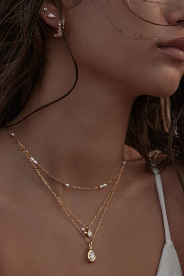 18k Gold Vermeil Soul Searching Necklace in Crystal Mist by By Charlotte, delicate necklace with a pear-cut cubic zirconia and adjustable chain, perfect for adding a serene, radiant touch to any layered look.