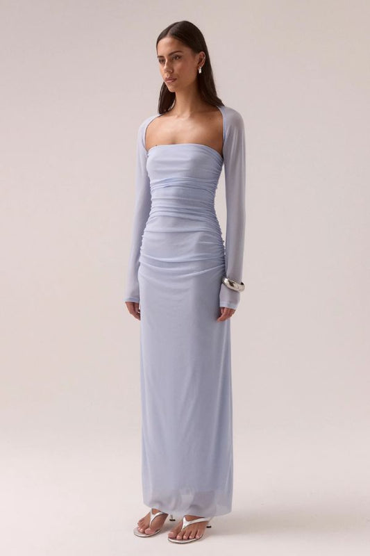 Sovere Myriad Bolero Dress in Cool Blue, a strapless mesh maxi with gathered sides, built-in bralette, and matching long-sleeve bolero for modern elegance.