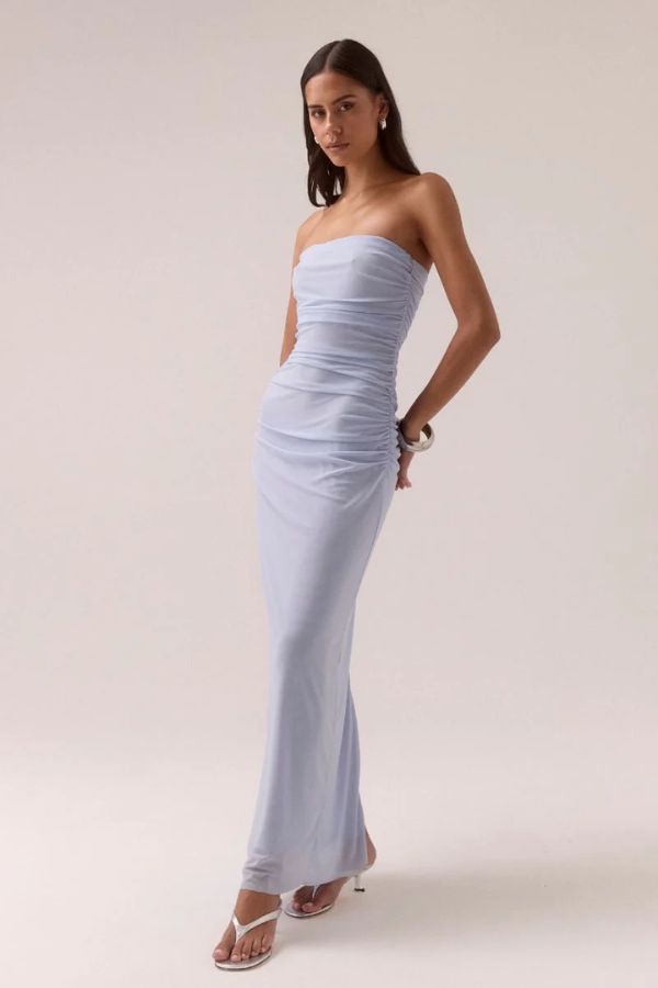 Sovere Myriad Bolero Dress in Cool Blue, a strapless mesh maxi with gathered sides, built-in bralette, and matching long-sleeve bolero for modern elegance.