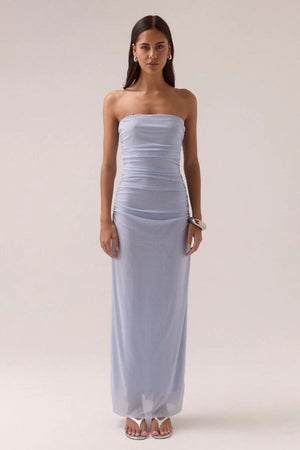Sovere Myriad Bolero Dress in Cool Blue, a strapless mesh maxi with gathered sides, built-in bralette, and matching long-sleeve bolero for modern elegance.