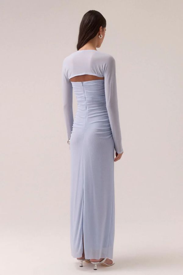 Sovere Myriad Bolero Dress in Cool Blue, a strapless mesh maxi with gathered sides, built-in bralette, and matching long-sleeve bolero for modern elegance.