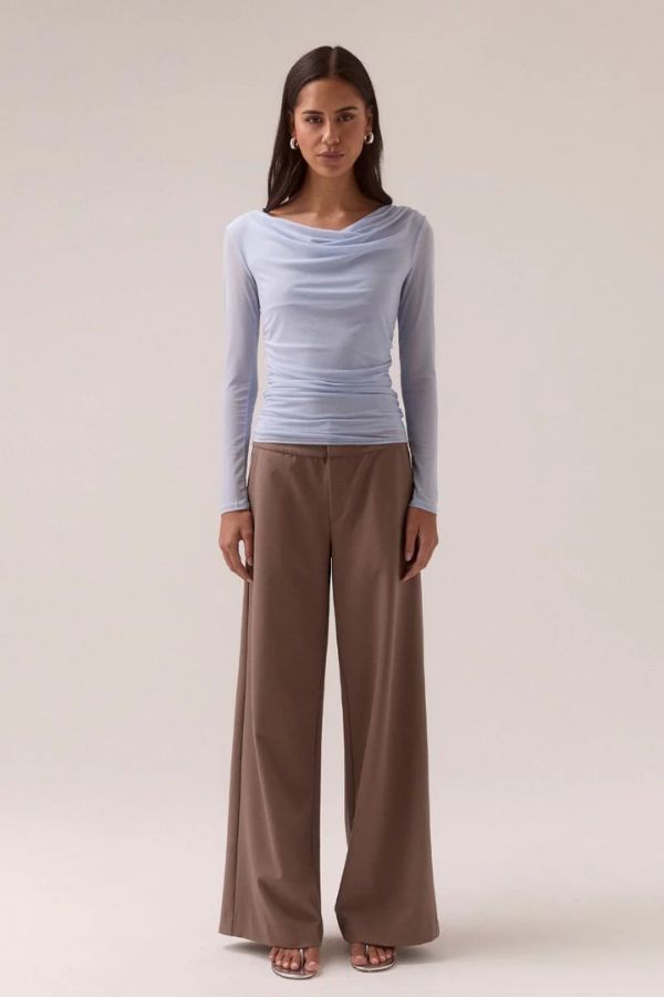 Sovere Myriad Cowl Long Sleeve in Cool Blue, a fitted mesh top with cowl neckline, asymmetric drop shoulder, and side gathers for a sleek, modern finish.