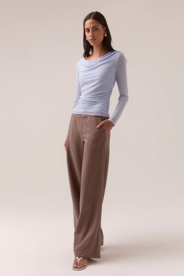 Sovere Myriad Cowl Long Sleeve in Cool Blue, a fitted mesh top with cowl neckline, asymmetric drop shoulder, and side gathers for a sleek, modern finish.