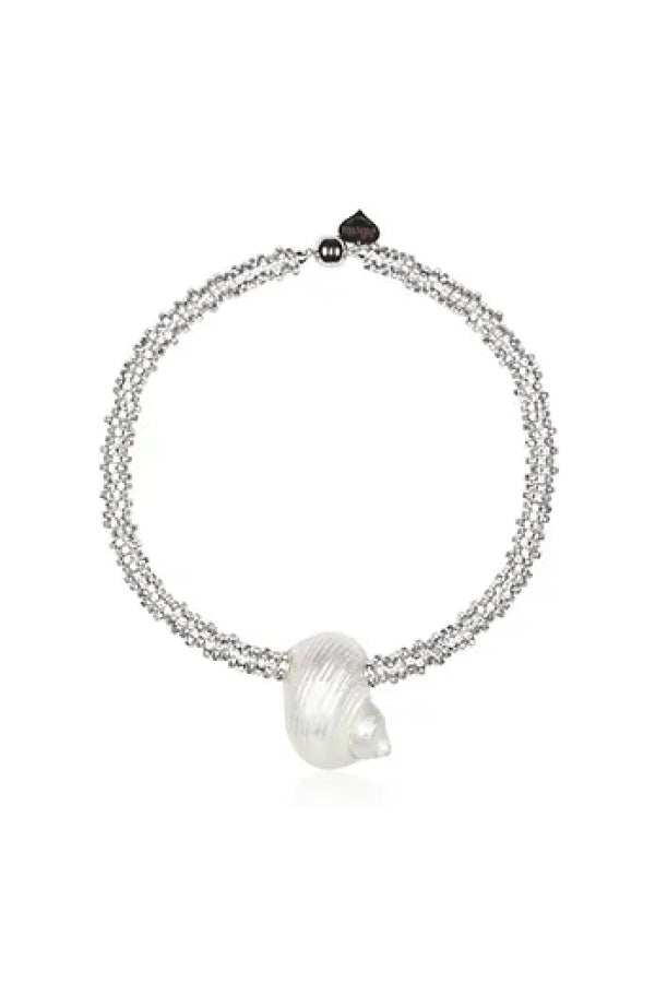 Spetses Necklace Pearl Silver by Shop Julietta, rhinestone necklace with shell pendant. Perfect for beach styling or statement looks.