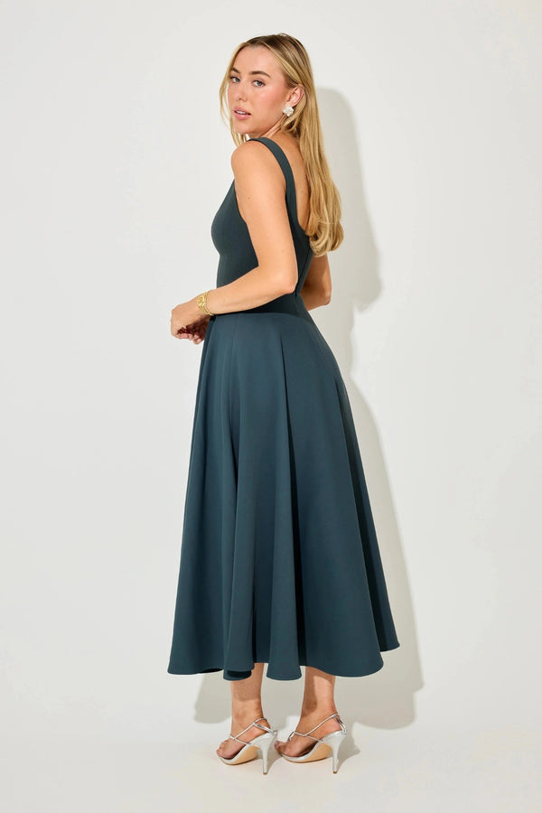 Square Neck Midi Dress by Odd Muse, bold teal midi with structured neckline and tailored fit. Ideal for elegant party season looks.