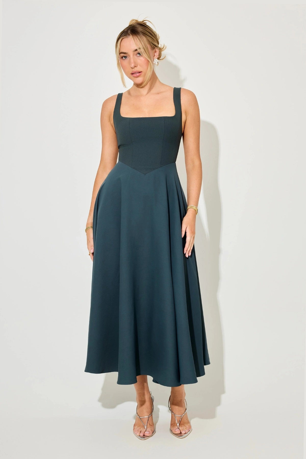 Square Neck Midi Dress by Odd Muse, bold teal midi with structured neckline and tailored fit. Ideal for elegant party season looks.