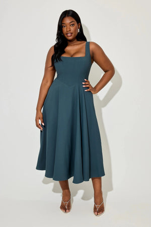 Square Neck Midi Dress by Odd Muse, bold teal midi with structured neckline and tailored fit. Ideal for elegant party season looks.