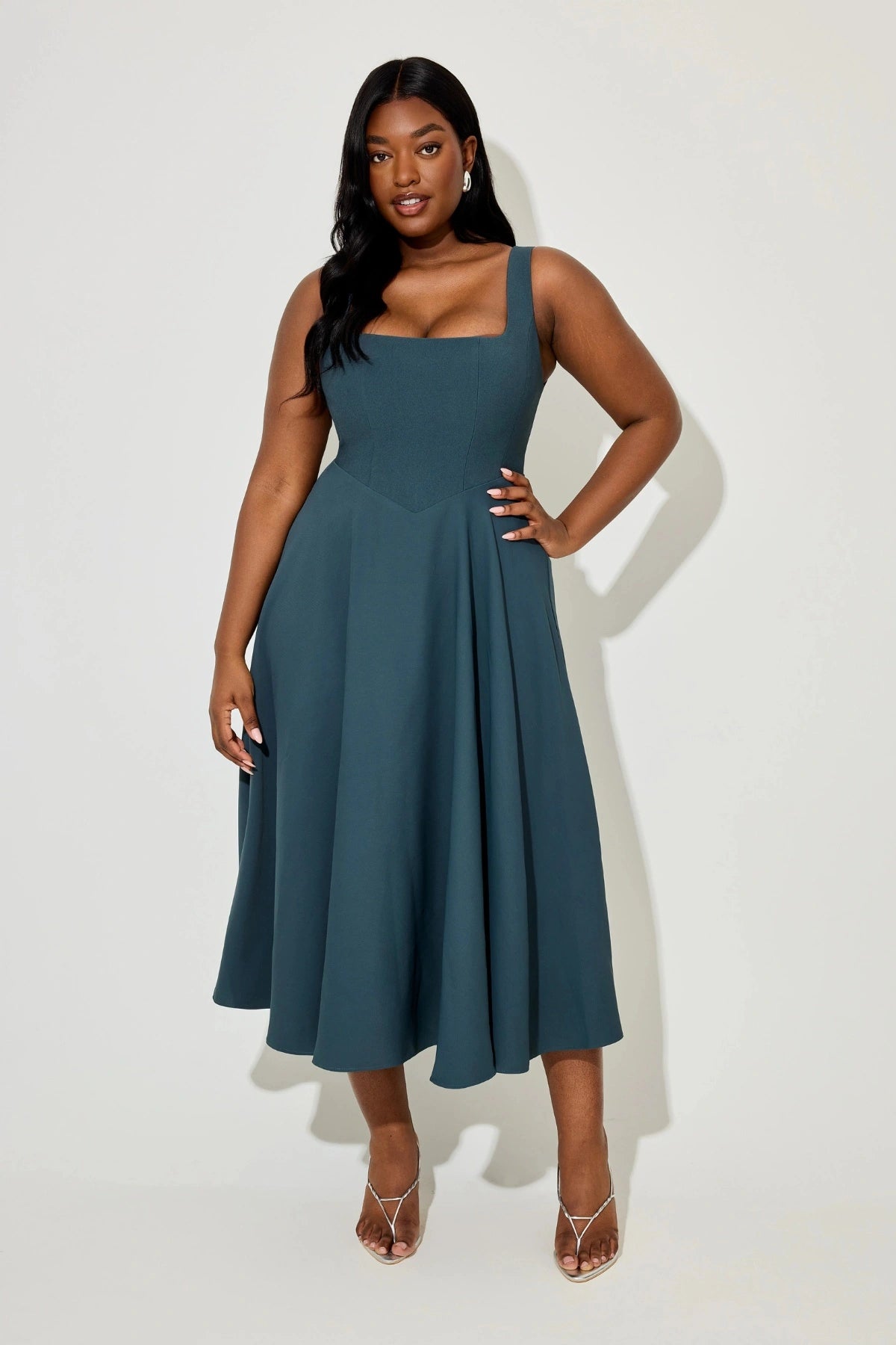 Square Neck Midi Dress by Odd Muse, bold teal midi with structured neckline and tailored fit. Ideal for elegant party season looks.