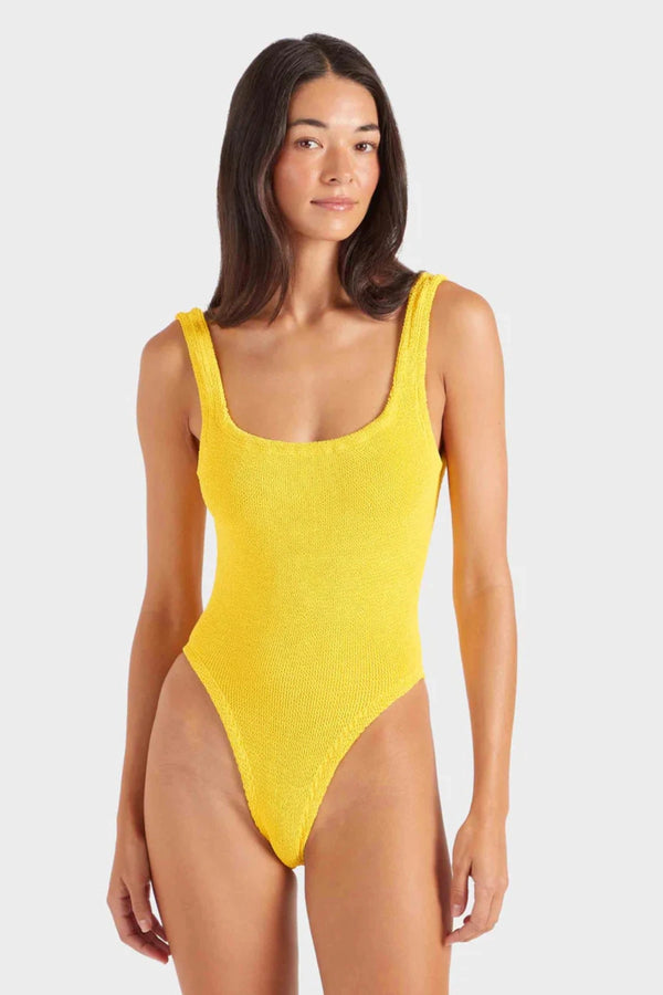 Square Neck Swim in Sunflower by Hunza G, crinkle one-piece with wide straps in a bright yellow hue for a timeless flattering fit.