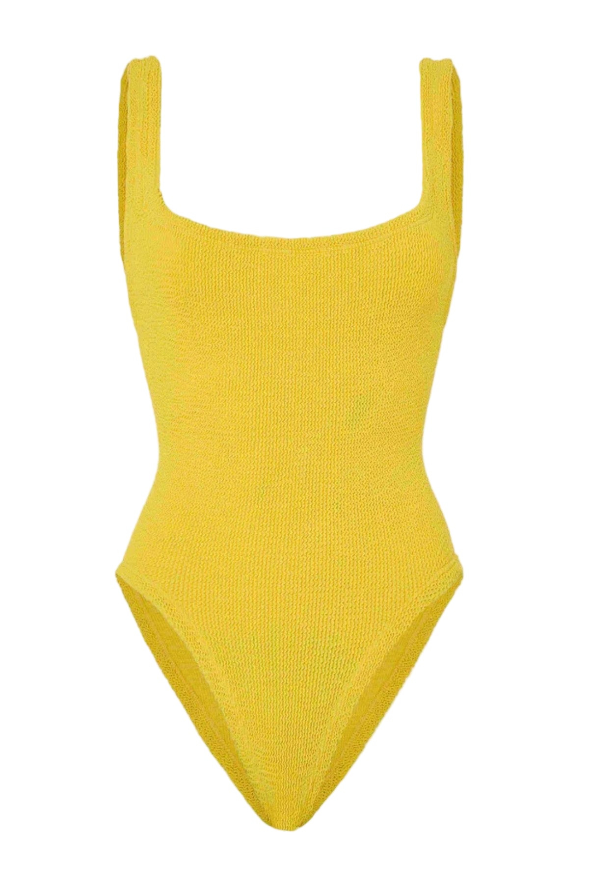 Square Neck Swim in Sunflower by Hunza G, crinkle one-piece with wide straps in a bright yellow hue for a timeless flattering fit.