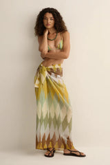 Square Pareo Aurora by Soleil Soleil - organic cotton square pareo with geometric print, designed for versatile beach and resort styling.
