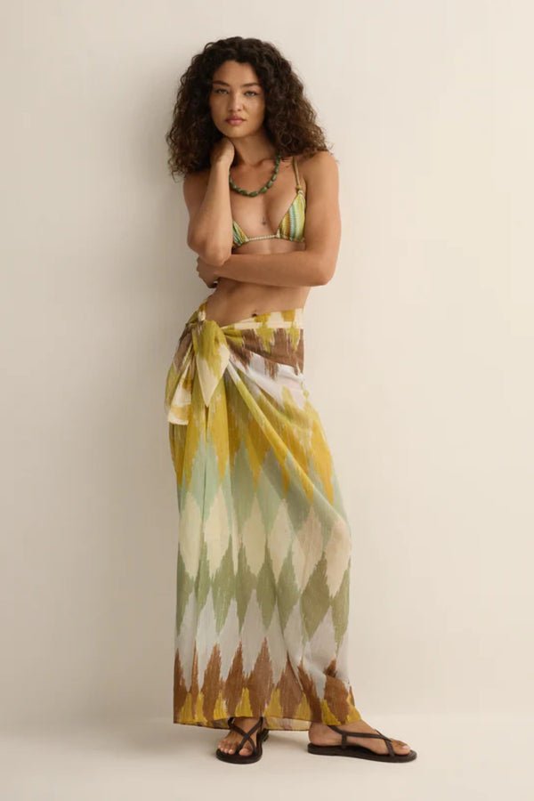 Square Pareo Aurora by Soleil Soleil - organic cotton square pareo with geometric print, designed for versatile beach and resort styling.