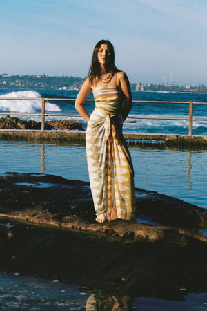 Square Pareo Aurora by Soleil Soleil - organic cotton square pareo with geometric print, designed for versatile beach and resort styling.