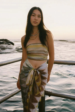 Square Pareo Aurora by Soleil Soleil - organic cotton square pareo with geometric print, designed for versatile beach and resort styling.