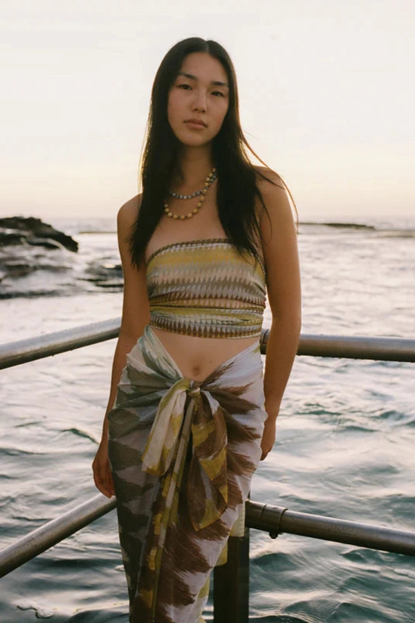 Square Pareo Aurora by Soleil Soleil - organic cotton square pareo with geometric print, designed for versatile beach and resort styling.