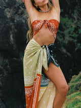 Square Pareo Bandit Tile Silk — lightweight silk beach pareo with sun-washed bandana print, perfect as a cover-up or scarf.