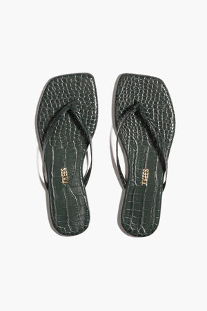 Square Toe Lily Emerald Croc by Tkees, crocodile-embossed leather sandal with square toe, a trendy piece perfect for chic summer days or nights.